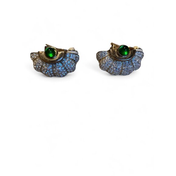 Vintage Gold-Tone Clip-On Earrings With Green Stone & Rhinestones - Picture 3 of 5